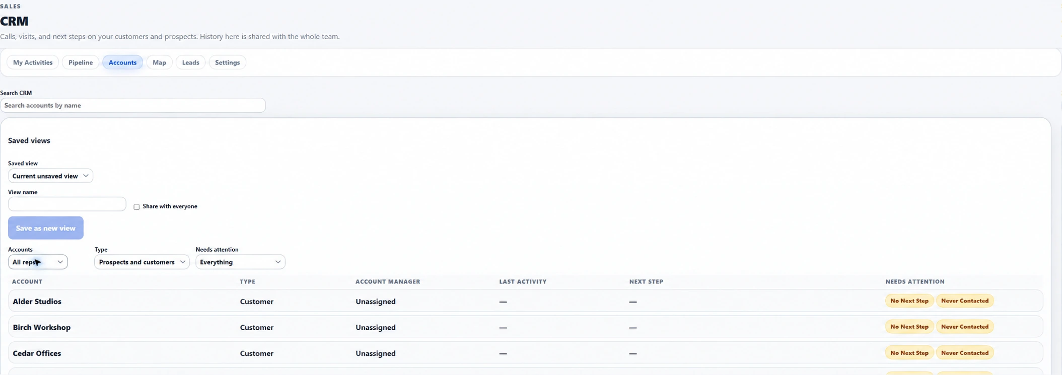 Ventrixx CRM Accounts workspace showing account follow-up and attention status