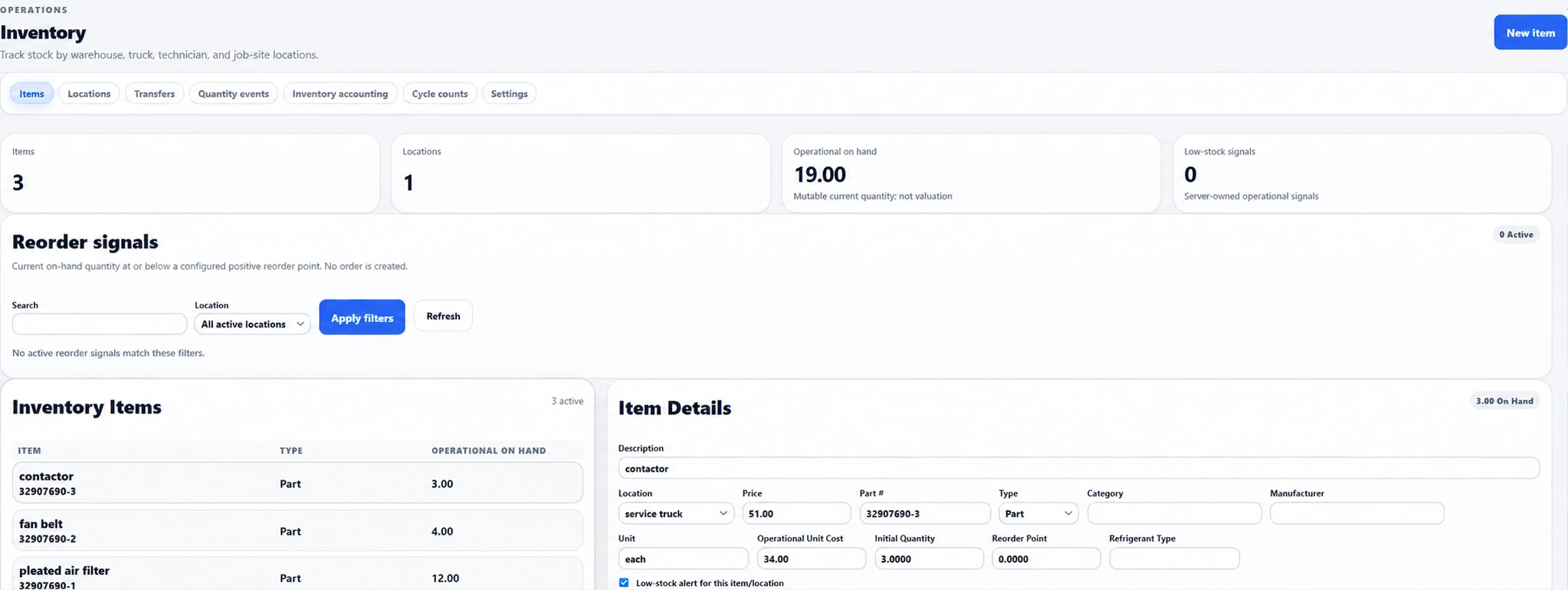 Ventrixx inventory workspace showing stocked parts, quantities and selected part details