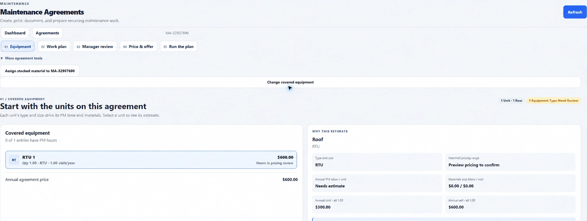 Ventrixx maintenance program showing covered equipment, pricing and estimate readiness