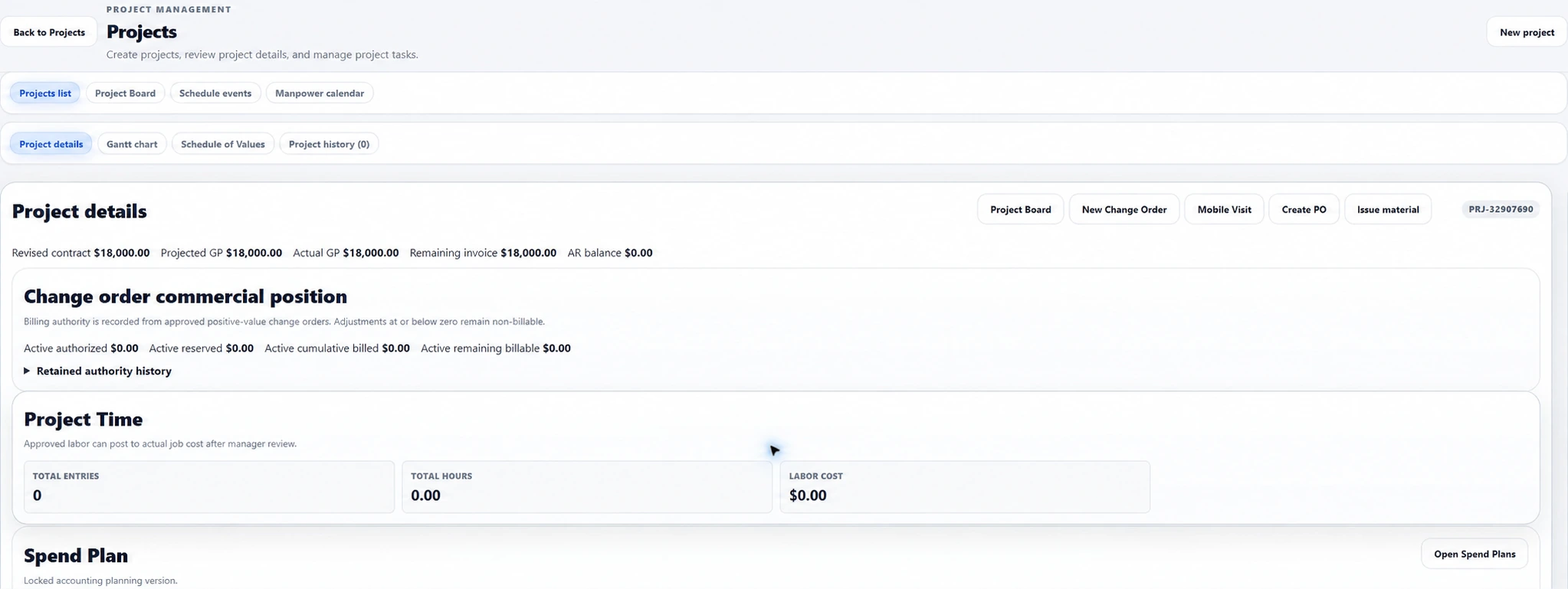 Ventrixx project details showing contract value, commercial position and project time