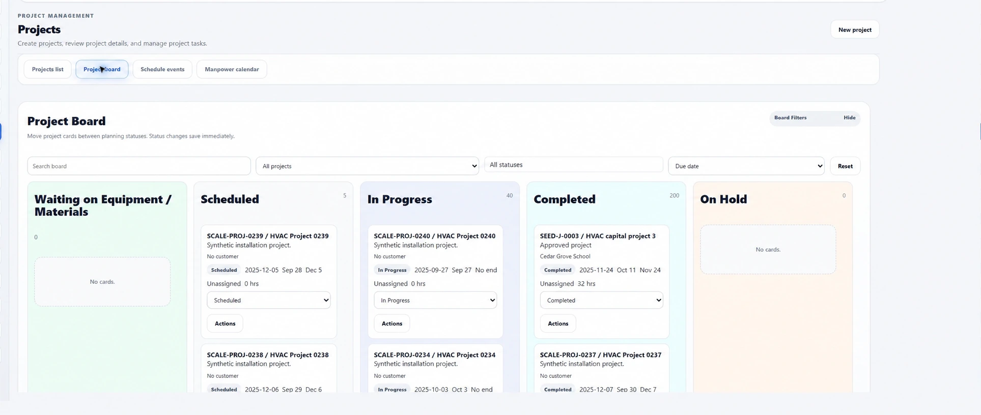 Ventrixx project board showing sample projects across planning statuses