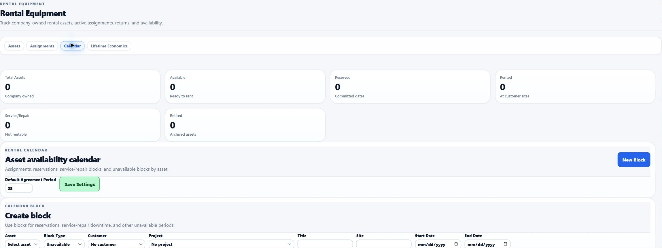 Ventrixx rental configuration showing availability and calendar block controls