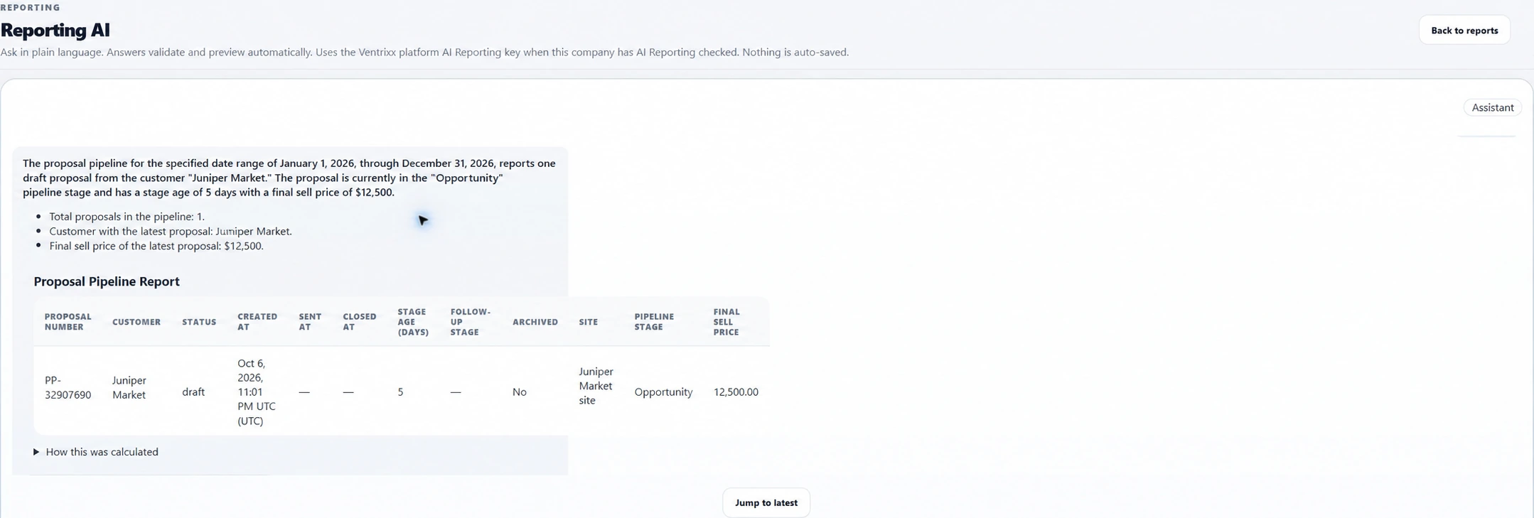 Ventrixx Reporting AI showing a proposal pipeline plan, explanation and preview result