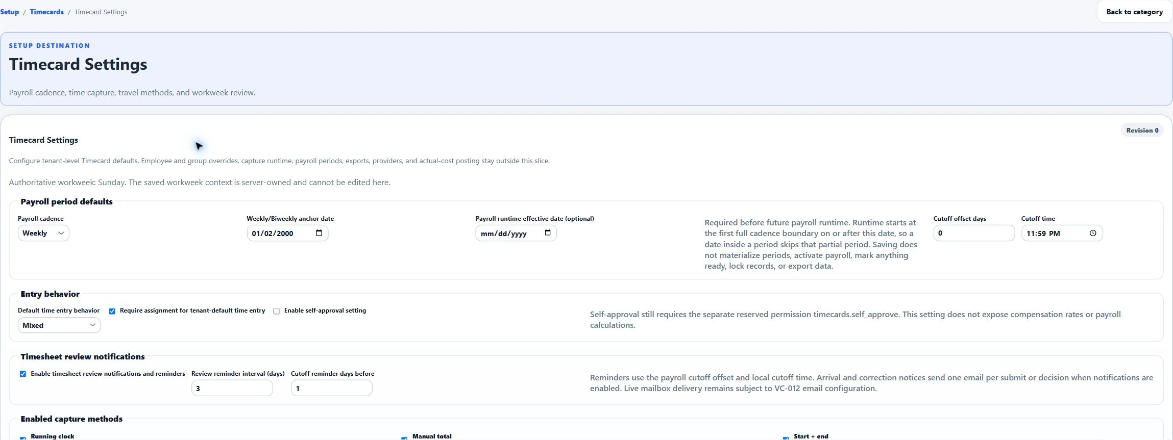 Ventrixx timecard settings showing payroll cadence, time capture and review reminder options